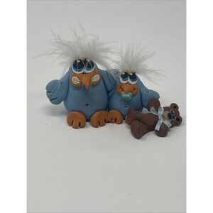 NEW Handmade Polymer Clay Figurine Two Blue Birds 1 Holding a Teddy w/ Pacifier
